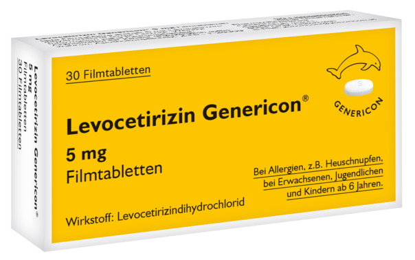Sie sehen eine Packung Levocetirizin Genericon® lindert Allergiesymptome, Produktbild: 01 Levocetirizin Genericon® lindert Allergiesymptome, A-Nr.: 3545817 - 01
