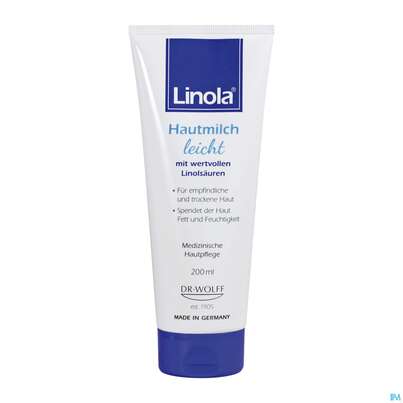 Sie sehen eine Packung Linola Hautmilch Leicht 200ml, Produktbild: 01 Linola Hautmilch Leicht 200ml, A-Nr.: 4613886 - 01