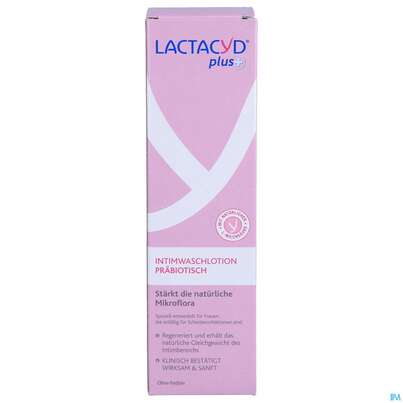 Sie sehen eine Packung Lactacyd Intimwaschlotion +praebiotisch Lactacyd Plus 50000 250ml, Produktbild: 01 Lactacyd Intimwaschlotion +praebiotisch Lactacyd Plus 50000 250ml, A-Nr.: 5605050 - 01