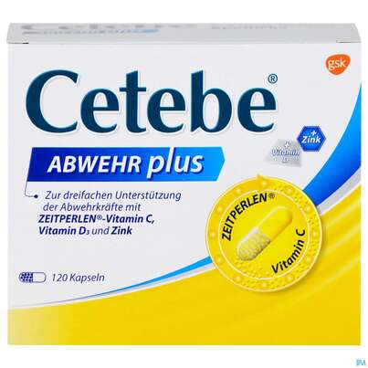 Sie sehen eine Packung Cetebe Abwehr Plus Kapseln 120st, Produktbild: 01 Cetebe Abwehr Plus Kapseln 120st, A-Nr.: 4171106 - 01