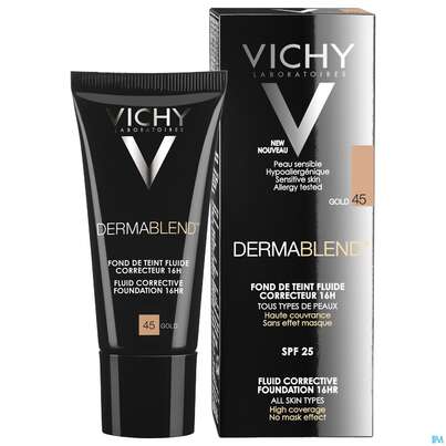 Sie sehen eine Packung Vichy Dermablend Make-up 45 Gold 30ml, Produktbild: 15 Vichy Dermablend Make-up 45 Gold 30ml, A-Nr.: 3044647 - 15