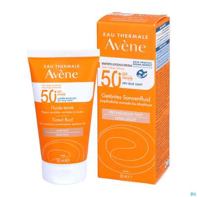 Sie sehen eine Packung Avène Getöntes Sonnenfluid Spf 50+ 50ml, Produktbild: 10 Avène Getöntes Sonnenfluid Spf 50+ 50ml, A-Nr.: 5598982 - 10