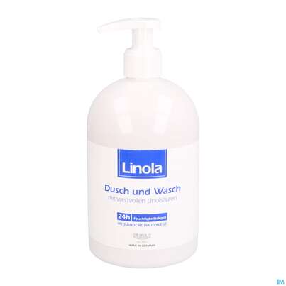 Sie sehen eine Packung Linola Dusch +wasch Mikroemulsion Pumpspender 500ml, Produktbild: 01 Linola Dusch +wasch Mikroemulsion Pumpspender 500ml, A-Nr.: 5304466 - 01