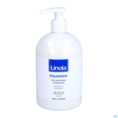 Sie sehen eine Packung Linola Hautmilch Pumpspender 500ml, Produktbild: 01 Linola Hautmilch Pumpspender 500ml, A-Nr.: 5205563 - 01