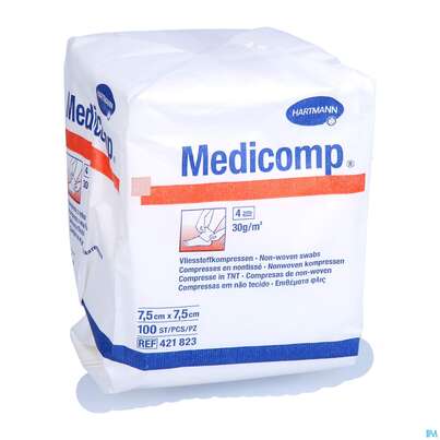Sie sehen eine Packung Kompressen Medicomp Vliesstoff 4fach Unsteril 7,5x 7,5cm 100st, Produktbild: 05 Kompressen Medicomp Vliesstoff 4fach Unsteril 7,5x 7,5cm 100st, A-Nr.: 1652035 - 05