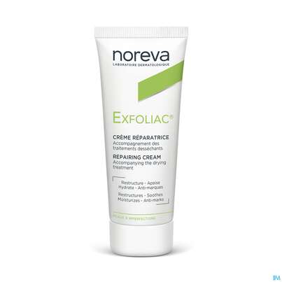 Sie sehen eine Packung Noreva Exfoliac Reparierende Creme 40ml, Produktbild: 01 Noreva Exfoliac Reparierende Creme 40ml, A-Nr.: 5354820 - 01