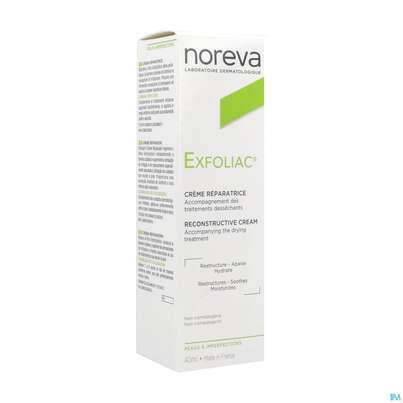 Sie sehen eine Packung Noreva Exfoliac Reparierende Creme 40ml, Produktbild: 02 Noreva Exfoliac Reparierende Creme 40ml, A-Nr.: 5354820 - 02